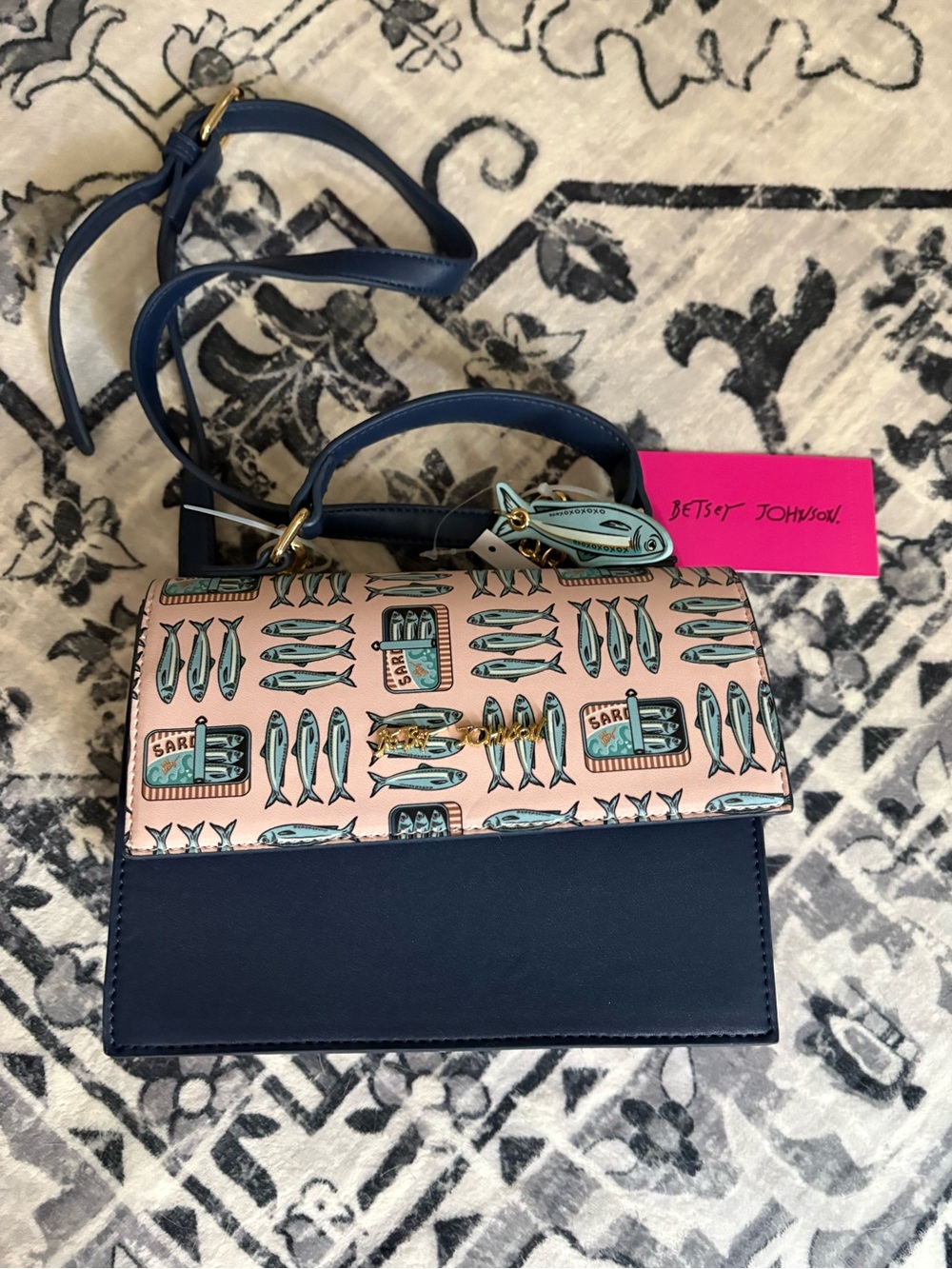 Betsey Johnson Navy & Pink Fish-Print Crossbody Purse